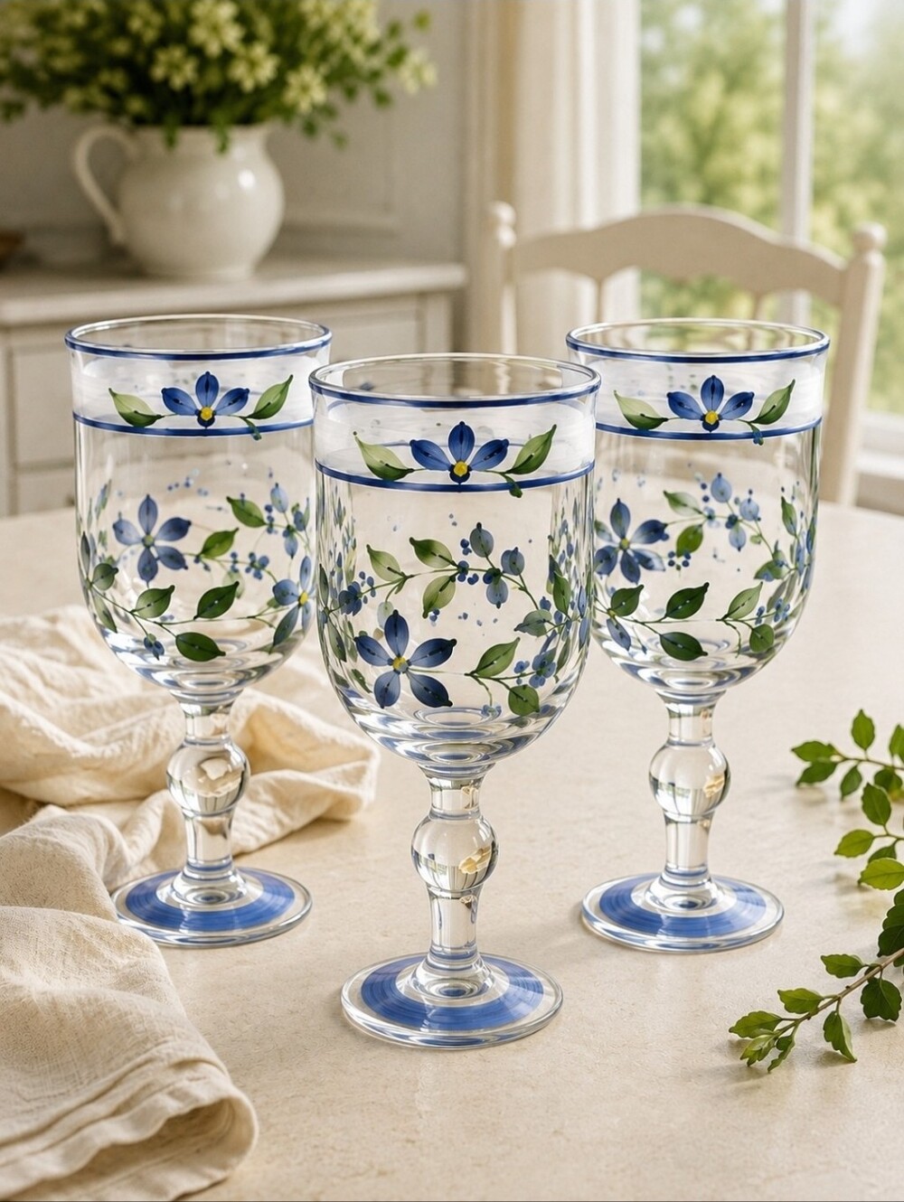 Vintage Hand Painted Blue Floral Glass Goblets Set of 3 Summer Breeze Style